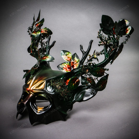 Antler Deer Horn Devil Woodland Forest Halloween Masquerade Mask - Green Gold - Picture 3 of 10